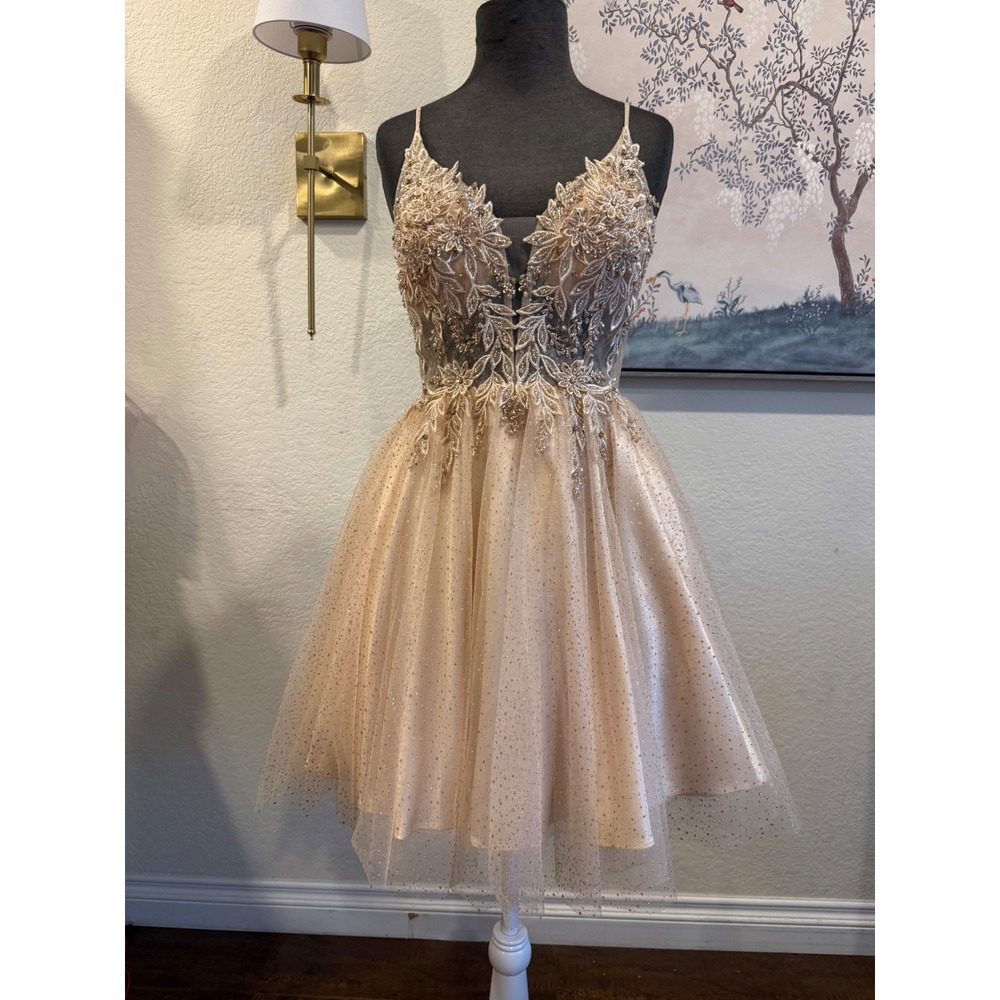 Cinderella Divine Champagne Gold Sequin Lace Tulle Homecoming Mini Dress Medium